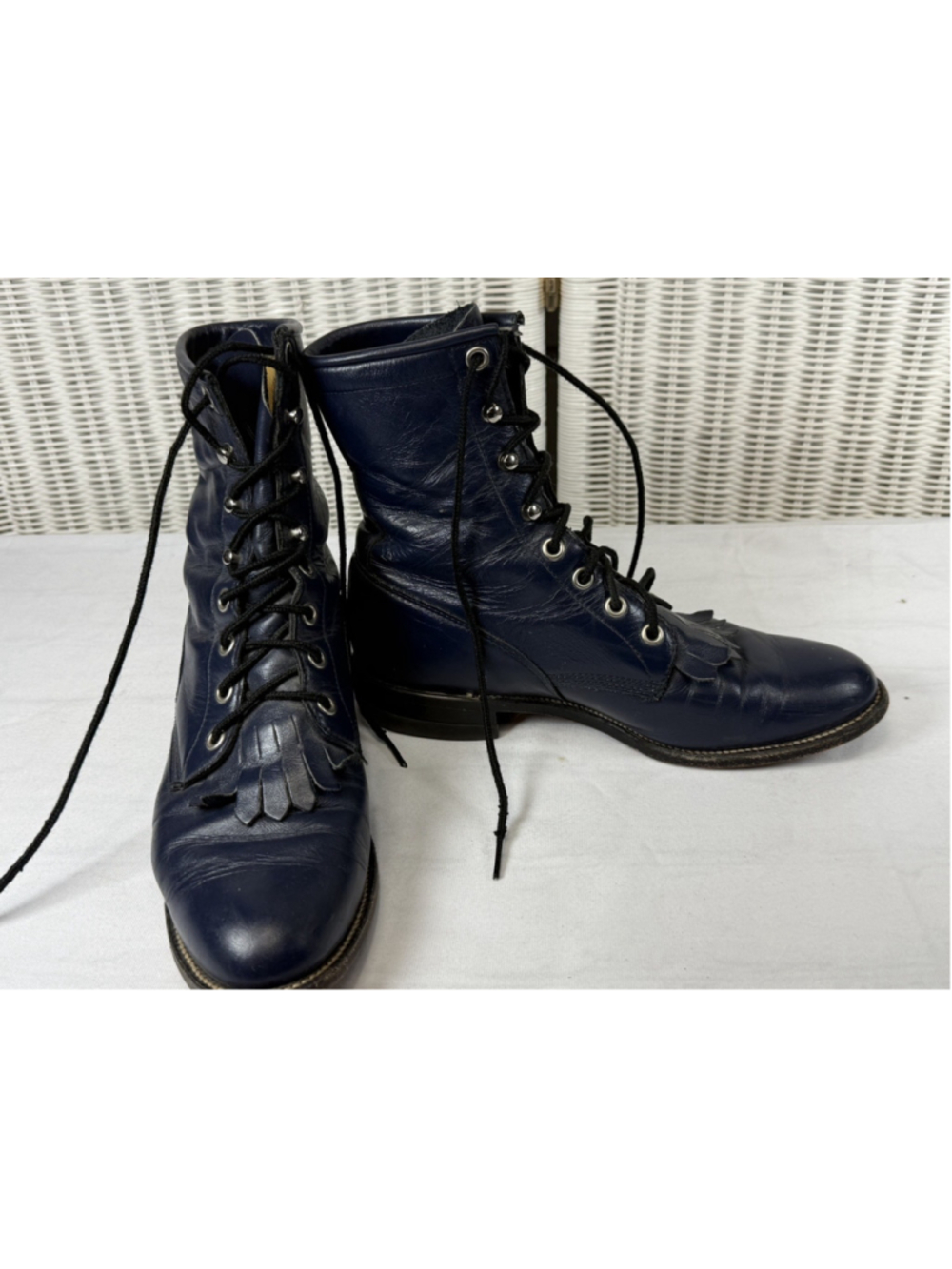 Vtg. Justin Women 6B Navy Blue Leather Kiltie Lace Up Roper Western Boots L0527